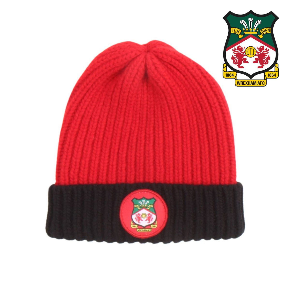 Red beanie with black band featuring a logo on a white background