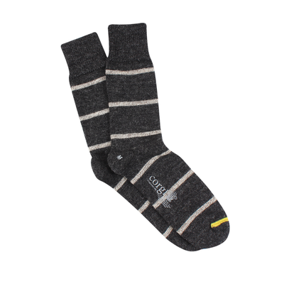 A pair of grey striped socks with a ribbed cuff, and yellow toe line designed for men.