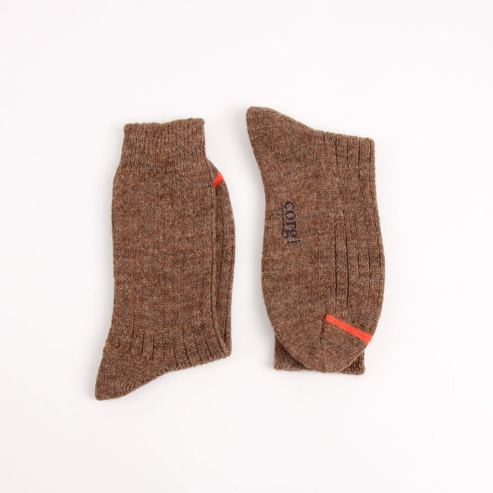 Pair of brown socks with a brand logo on a white background