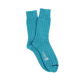 Pair of teal socks on a white background