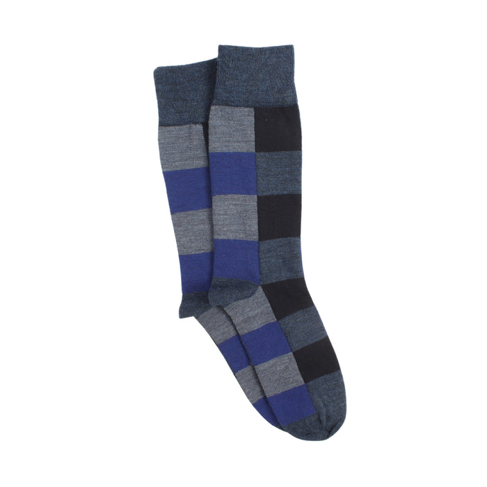 Pair of checkered socks with blue and gray pattern on a white background