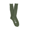 Green sock with a brand logo on a white background
