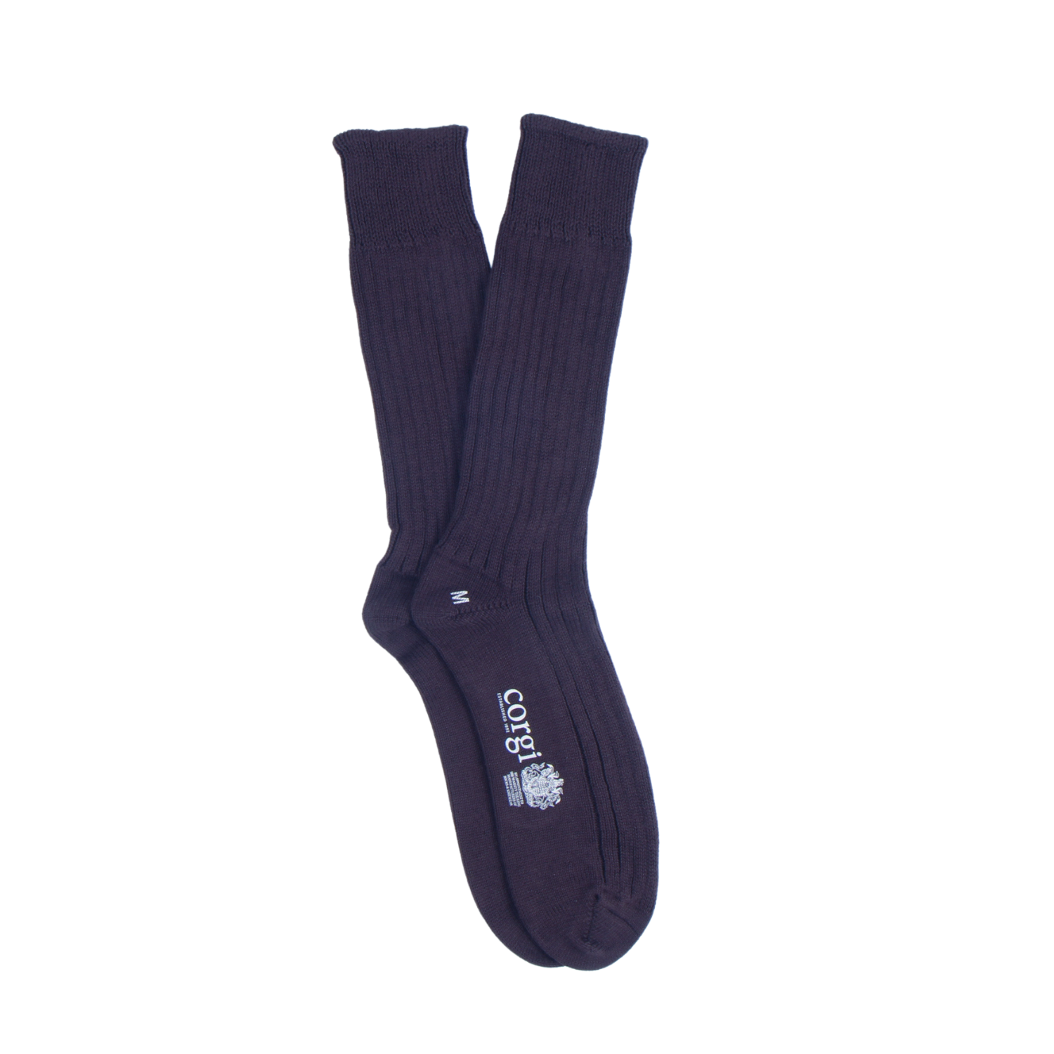 Pair of solid navy socks with a logo on a white background