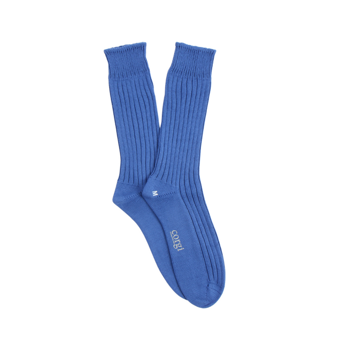 blue pure cotton boots socks laid flat on a white background