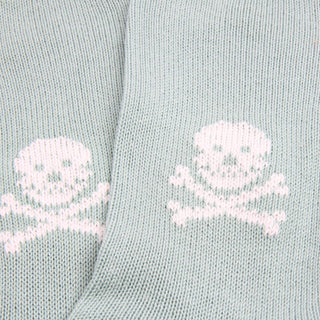 Light aqua socks with white skull and crossbones design.