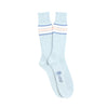 Light blue socks with blue, white and natural stripes on a white background