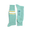 Pair of green socks with white and yellow stripes on a white background