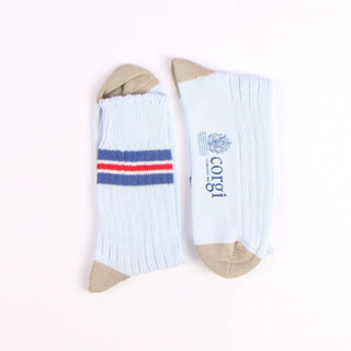 Pair of socks with striped pattern and 'corgi' branding on a white background