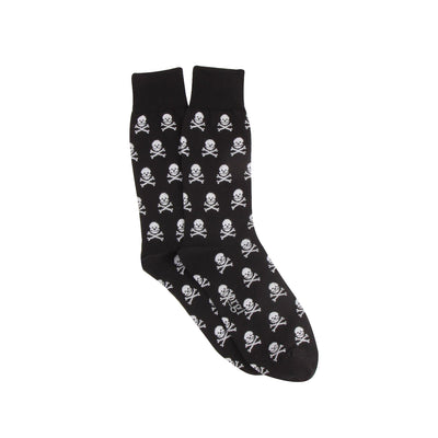 Black socks with white skull and crossbones pattern on a white background