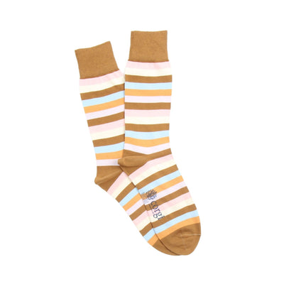 Pair of striped socks with brown, pale pink, and paleblue colors on a white background 