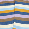 Close-up of striped socks with blue, brown, yellow, and white colors.