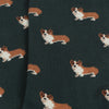 Dark green socks with brown and white dog pattern