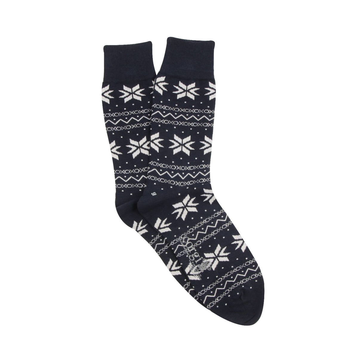 Navy socks with white snowflake and geometric pattern on a white background