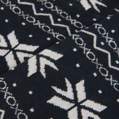 Close-up of navy fabric with white geometric pattern.
