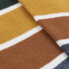 Close-up of striped socks with brown, yellow, and white colors.