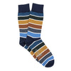 multi coloured striped socks with blue, brown, and gray colours photographed on a white background
