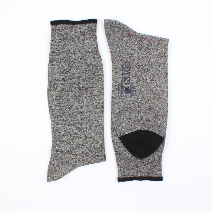 Gray marl socks with black accents on a white background