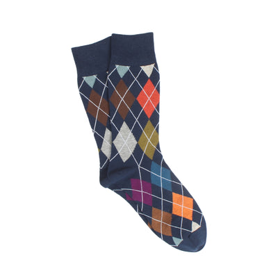 Navy sock with multicolor diamond pattern on a white background