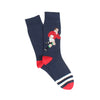 Navy sock with a graphic of a rugby player in a red shirt and white shorts, on a white background.