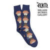 A pair of blue cotton socks with a pattern of tulips and birds, licensed by the William Morris Gallery.