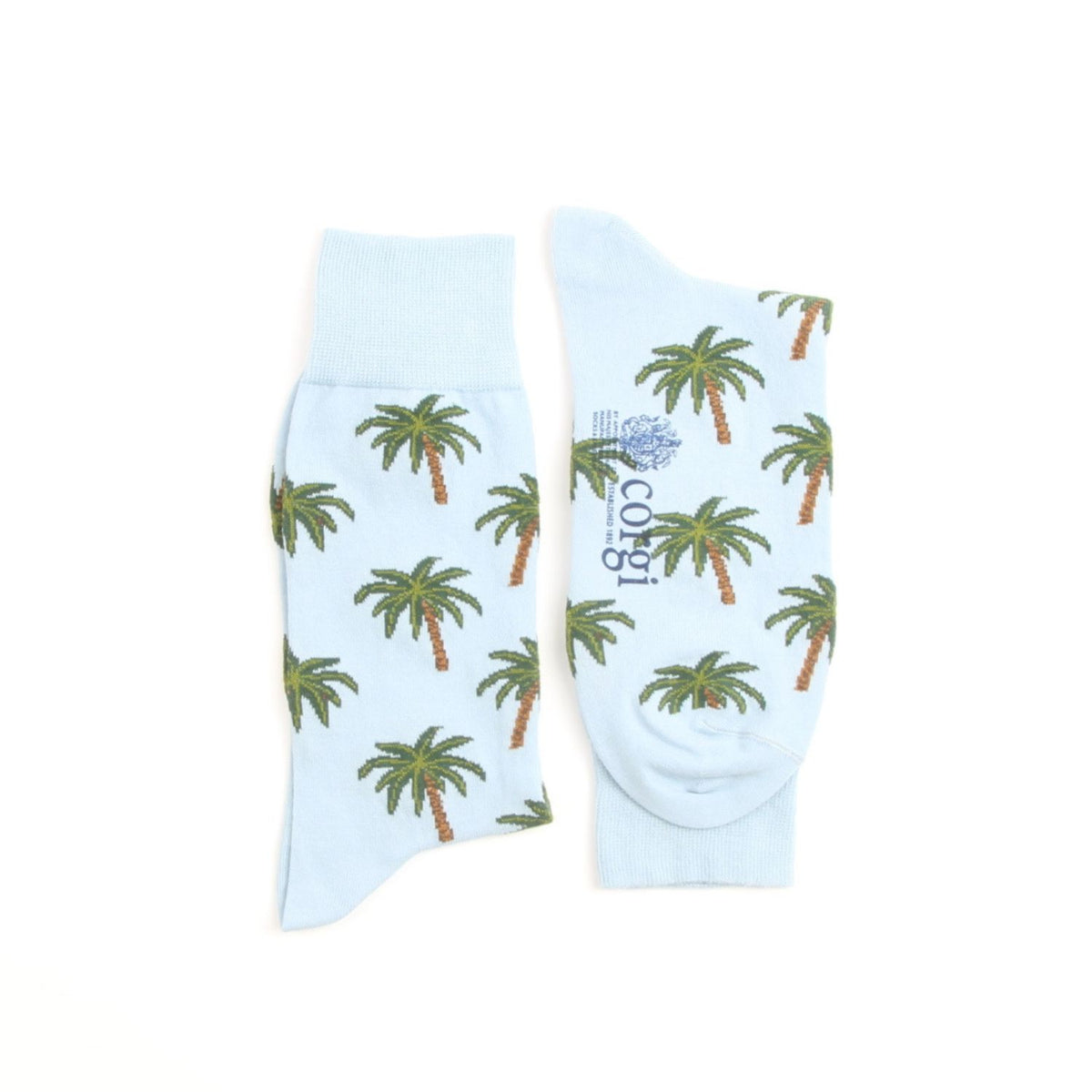 Light blue socks with palm tree pattern on a white background