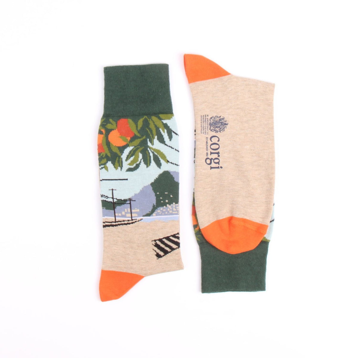 Two socks with different designs on a white background