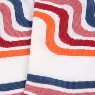 Close-up of colorful striped socks with red, orange, and blue patterns.