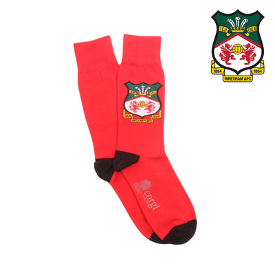 Red socks with a logo on a white background