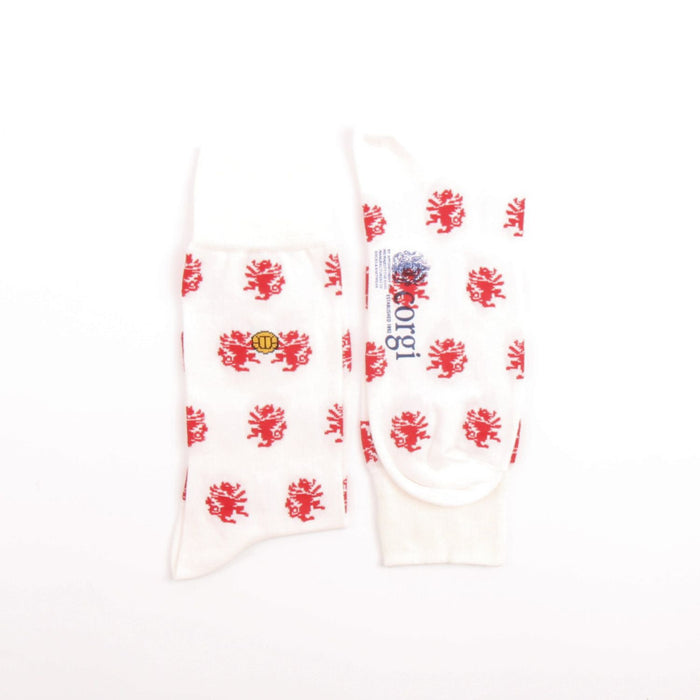 White socks with red dragon patterns and a visible brand logo on a white background