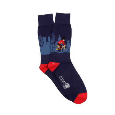 Navy blue sock with a Welsh Guard cycling through London