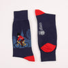 Two socks with a cyclist design  in main navy and red accents photographed on a white background