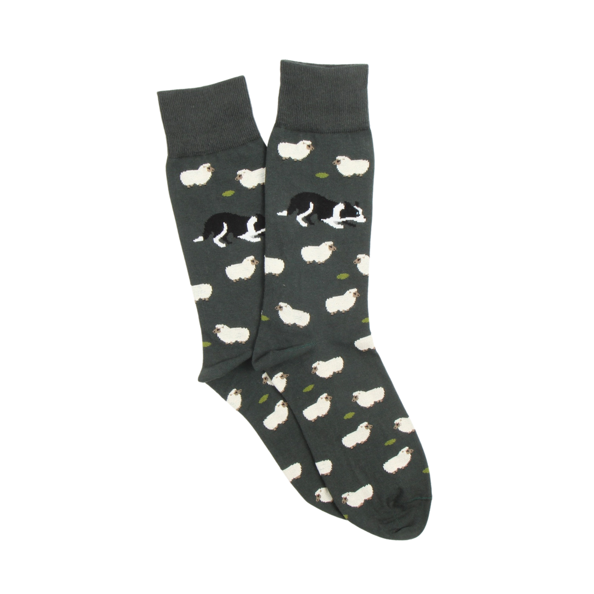 Dark green socks with sheep pattern on a white background
