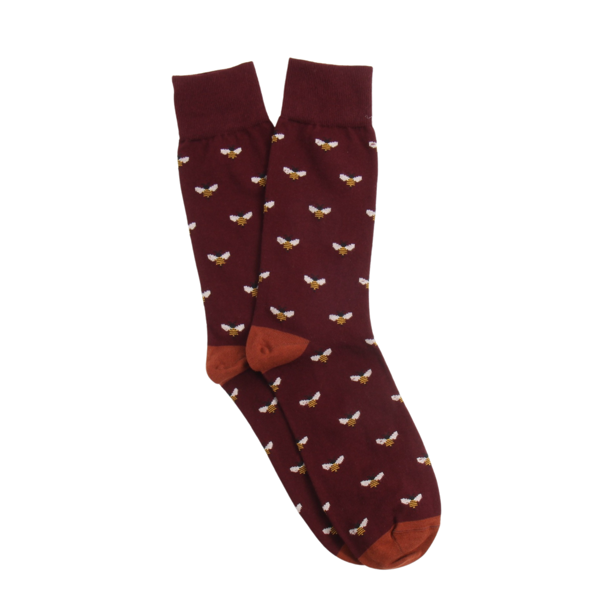 A pair of crew socks in a deep burgundy color, featuring a repeating pattern of small yellow and white bumblebees and solid burgundy heels, toes, and cuffs, displayed against a plain white background.