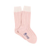 Pink sock with cable knit pattern and visible brand logo on a white background

