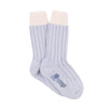 Light blue sock with white cuff on a white background


