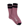 Pair of pink socks with navy accents on a white background