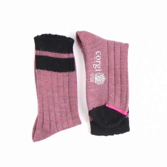 Pair of pink socks with navy heel and toe on a white background
