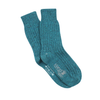 Pair of teal socks with a brand logo on a white background