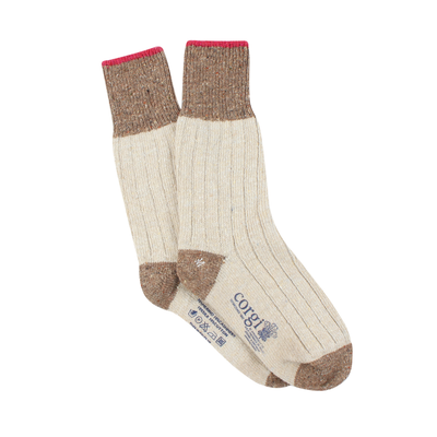 Pair of beige and brown socks with a visible brand label on a white background