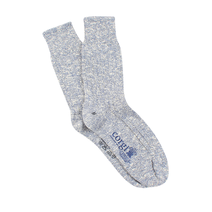 A pair of plain blue and white cotton socks.