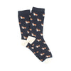 Navy socks with corgi pattern on a white background