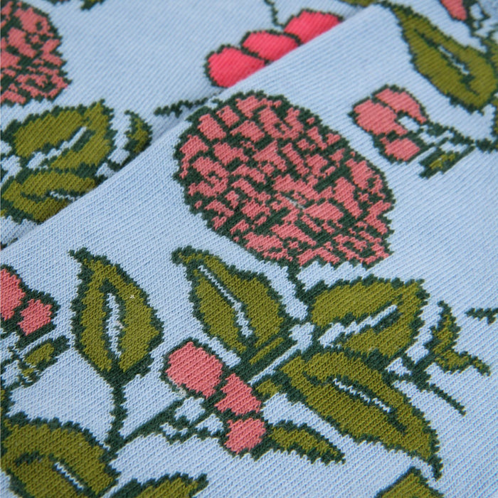 Close-up of a fabric with pink floral and green leaf pattern on a light blue background