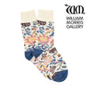 Floral patterned socks with William Morris Gallery logo on a white background