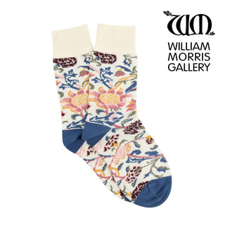 Floral patterned socks with William Morris Gallery logo on a white background