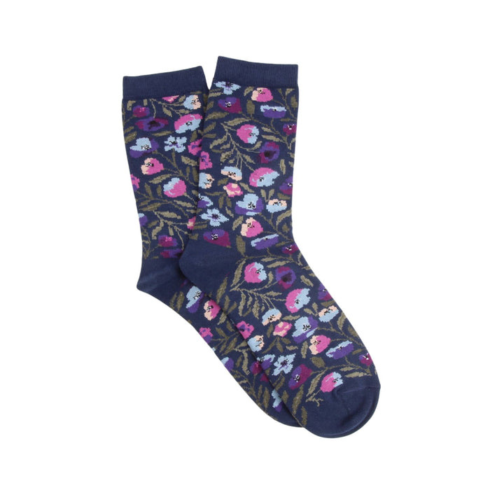 dark purple socks with a floral pattern