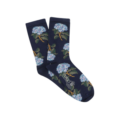 Navy socks with blue floral pattern on a white background