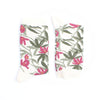 Pair of socks with pink floral pattern on a white background