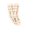 Pair of socks with colorful plaid pattern on a white background