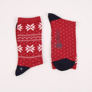 Two red socks with patterned designs on a white background