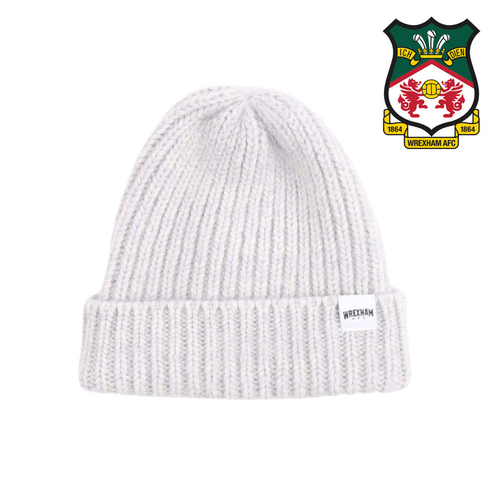 Grey beanie with a logo on a white background